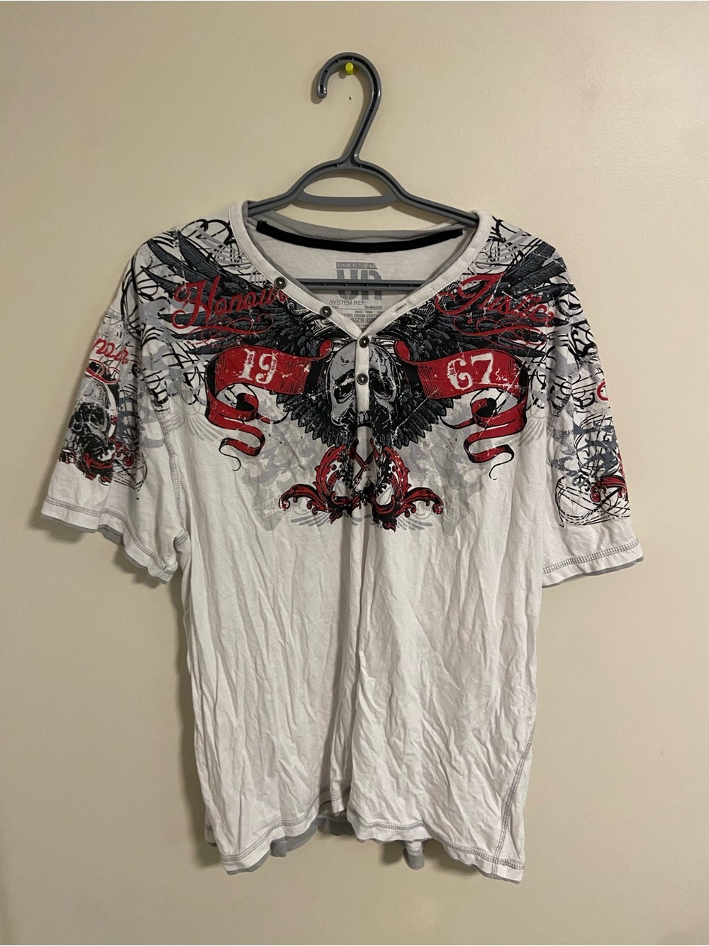 Urban Outfitters White Henley Tee with Red & Black Graphic